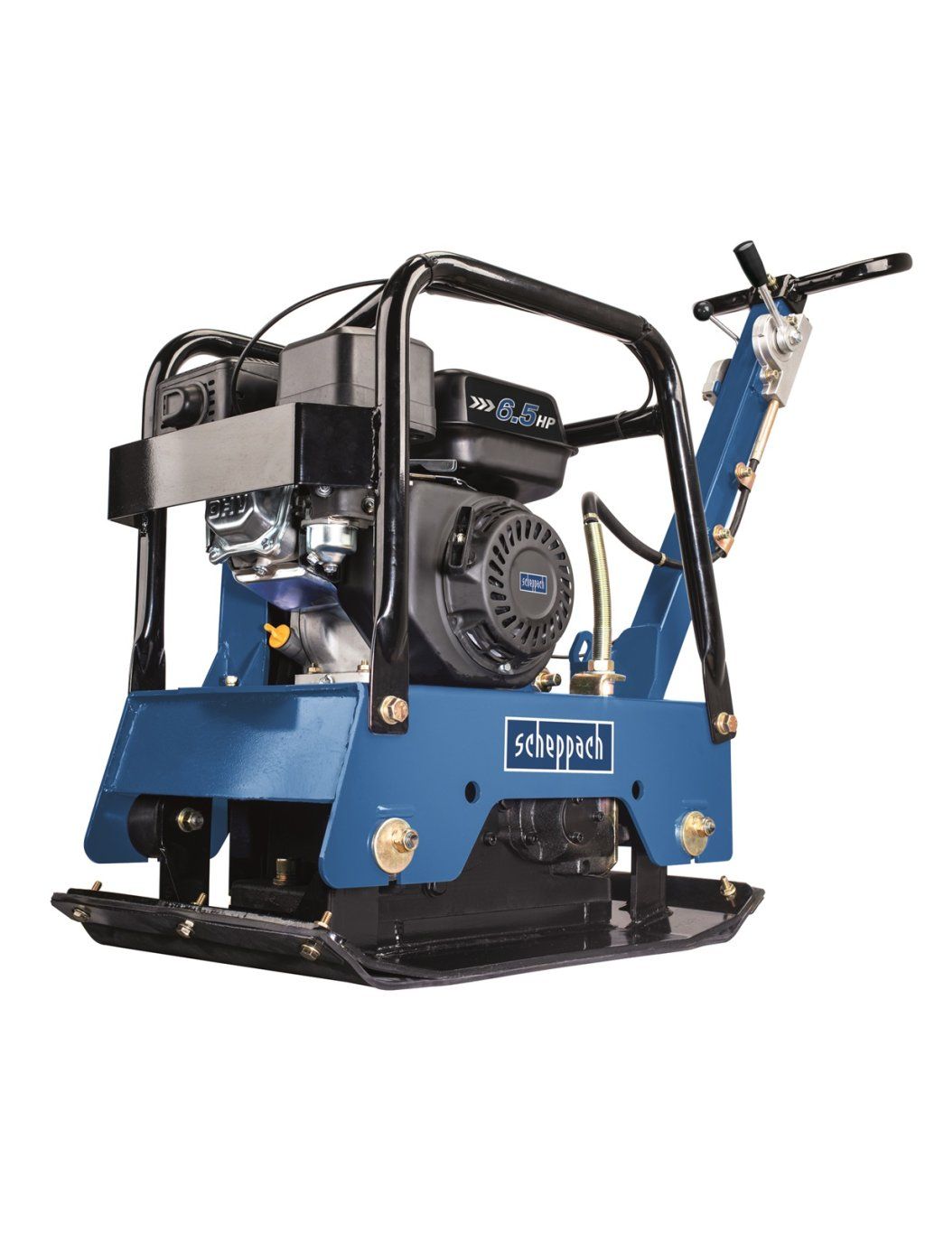 Vibrační deska Scheppach HP 2500 S s benzinovým motorem 6,5 HP, ochranným rámem a sklopnou rukojetí
